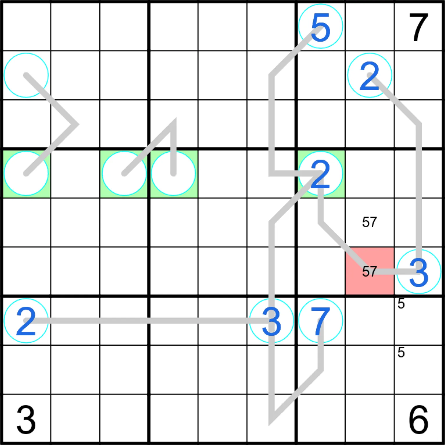 Sudoku Screenshot mit oben beschriebenem Widerspruch illustriert